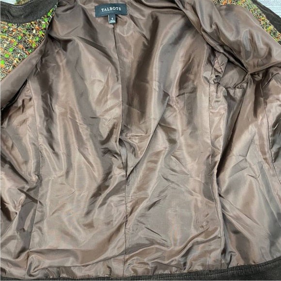 TALBOTS Ladies Brown Tweed with Leather Trim Skirt Suit 6 top 8 bottom - Picture 4 of 9